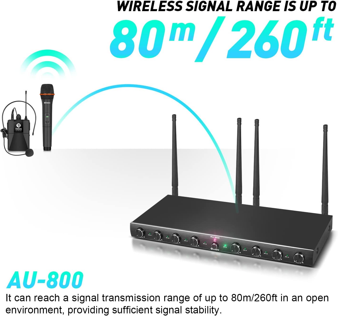 D Debra Audio AU800 Pro UHF 8 Channel Wireless Microphone System with Cordless Handheld Lavalier Headset Mics, Metal Receiver, Ideal for Karaoke Church Party (8 Bodypack)